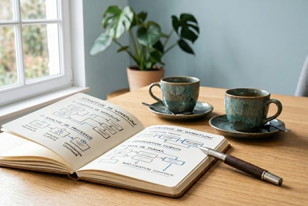 Cahier de note avec un stylo et 2 tasses de cafés.