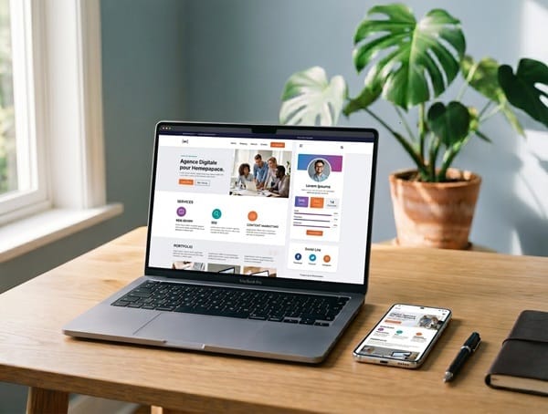 Un portable qui affiche des templates de site web sur un bureau avec un cellulaire et stylo.
