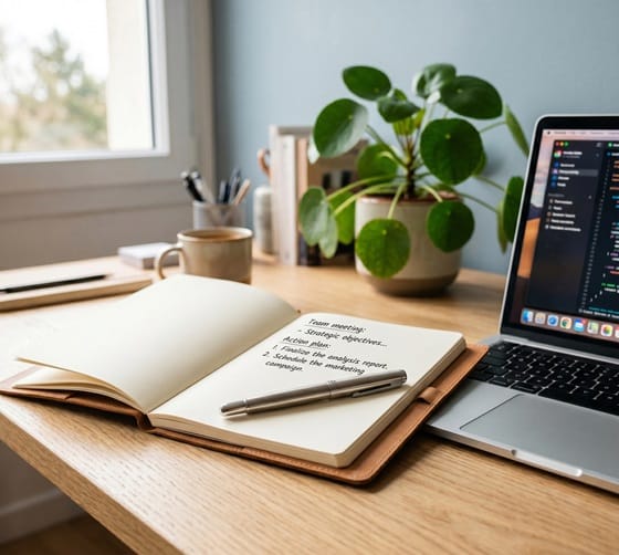 A notebook with a pencil and a laptop on a work desk.